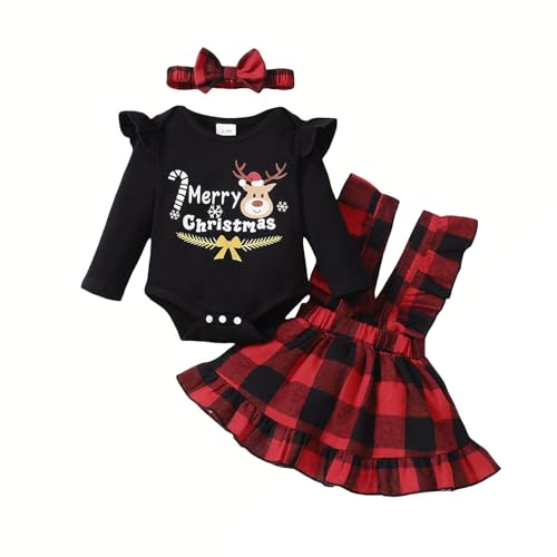 APAELEA Elch Weihnachtsoutfit Baby Mädchen Langarm Strampler Plaid Strapsrock Kleidung Set (Schwarz, 12-18 Monate) von APAELEA