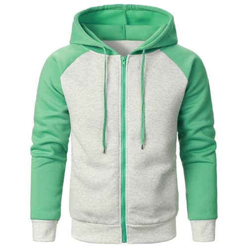 APAELEA Herren Hoodies Reißverschluss Patchwork Farbe Hooded Sweatshirt Fleecejacke mit Kapuze,Grau-Grün,L von APAELEA
