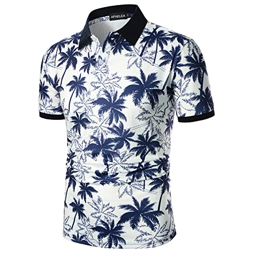 APAELEA Herren Kurzarm Polos Sommer Casual Coconut Tree Bedruckte T-Shirt Tops für Strand Urlaub,Marine,S von APAELEA