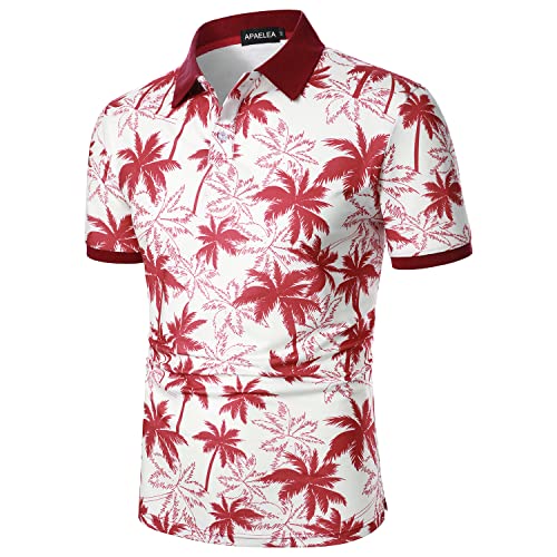 APAELEA Herren Kurzarm Polos Sommer Casual Coconut Tree Bedruckte T-Shirt Tops für Strand Urlaub,Weinrot,S von APAELEA