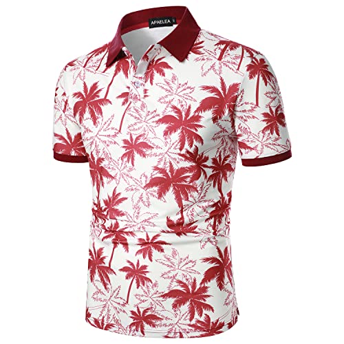 APAELEA Herren Kurzarm Polos Sommer Casual Coconut Tree Bedruckte T-Shirt Tops für Strand Urlaub,Weinrot,XL von APAELEA