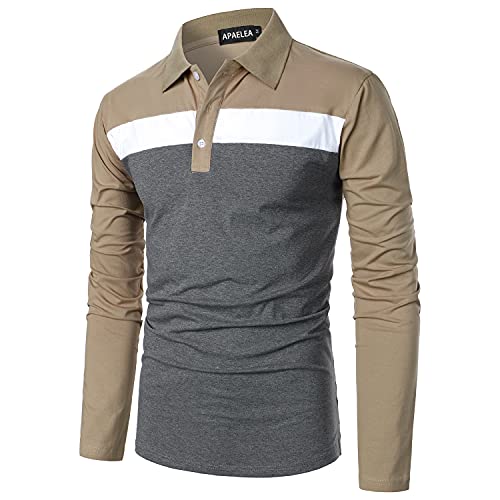 APAELEA Herren Langarm Polo Baumwolle Kontrastfarbe Knopfkragen Lässige T-Shirt Tops,Khaki,L von APAELEA