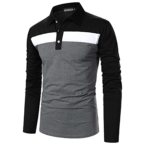 APAELEA Herren Langarm Polo Baumwolle Kontrastfarbe Knopfkragen Lässige T-Shirt Tops,Schwarz,XL von APAELEA
