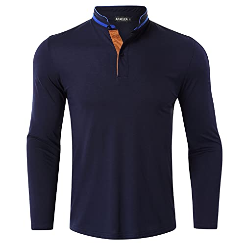 APAELEA Herren Langarm Poloshirt Classic Henley Stehkragen Golf T-Shirt,Marineblau,L von APAELEA