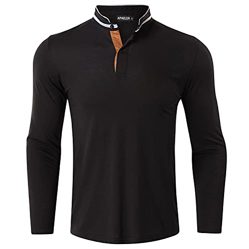 APAELEA Herren Langarm Poloshirt Classic Henley Stehkragen Golf T-Shirt,Schwarz,S von APAELEA