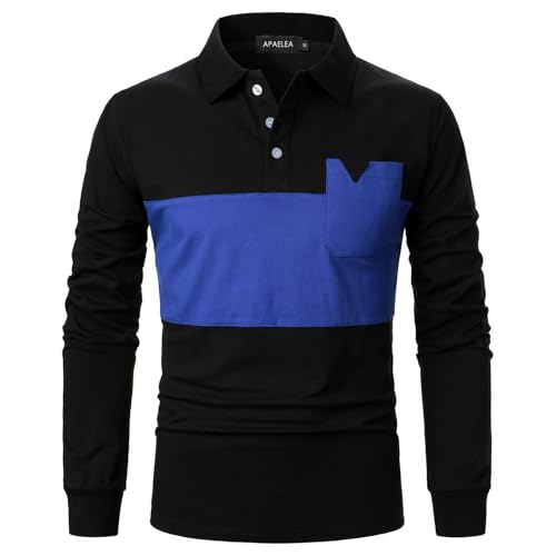 APAELEA Herren Langarm Poloshirts Patchwork Farbe Baumwolle Polohemd Top mit Tasche,Schwarz-Blau,XL von APAELEA