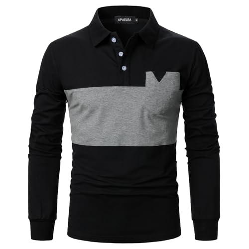 APAELEA Herren Langarm Poloshirts Patchwork Farbe Baumwolle Polohemd Top mit Tasche,Schwarz-Grau,M von APAELEA