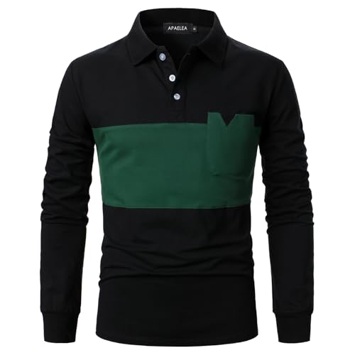 APAELEA Herren Langarm Poloshirts Patchwork Farbe Baumwolle Polohemd Top mit Tasche,Schwarz-Grün,S von APAELEA