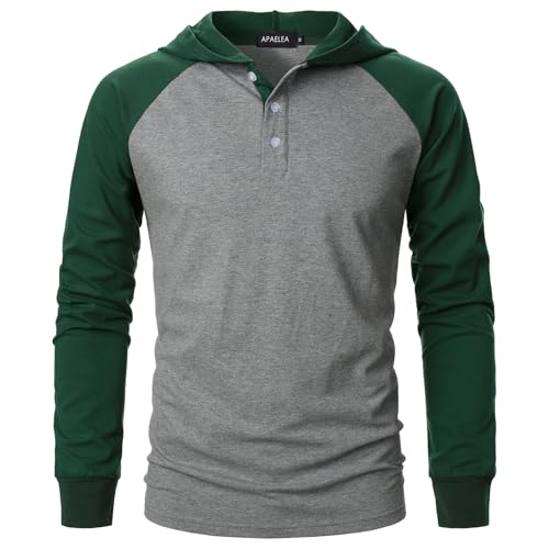 APAELEA Herren Langarmshirt Baumwolle Kapuzenpullover Oberteile mit Kapuze,Grün-grau,XL von APAELEA