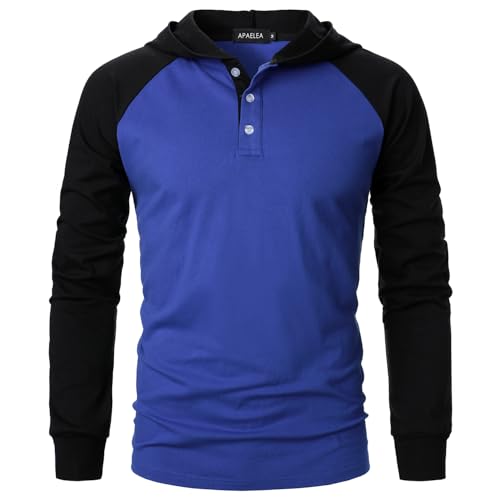 APAELEA Herren Langarmshirt Baumwolle Kapuzenpullover Oberteile mit Kapuze,Schwarz-blau,L von APAELEA