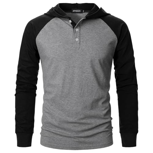 APAELEA Herren Langarmshirt Baumwolle Kapuzenpullover Oberteile mit Kapuze,Schwarz-grau,L von APAELEA