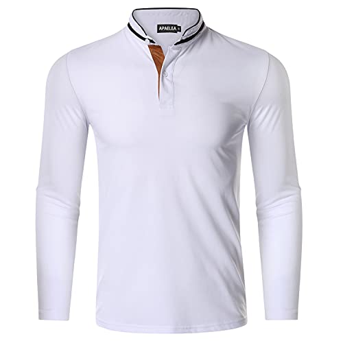 APAELEA Herren Langarm Poloshirt Classic Henley Stehkragen Golf T-Shirt,Weiß,XXL von APAELEA