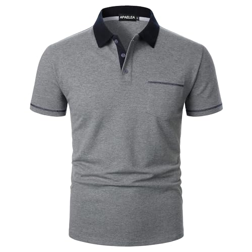 APAELEA Herren Poloshirt Kurzarm Basic Button T-Shirt mit Tasche Grau L von APAELEA