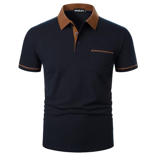 APAELEA Herren Poloshirt Kurzarm Basic Button T-Shirt mit Tasche Navy blau L von APAELEA