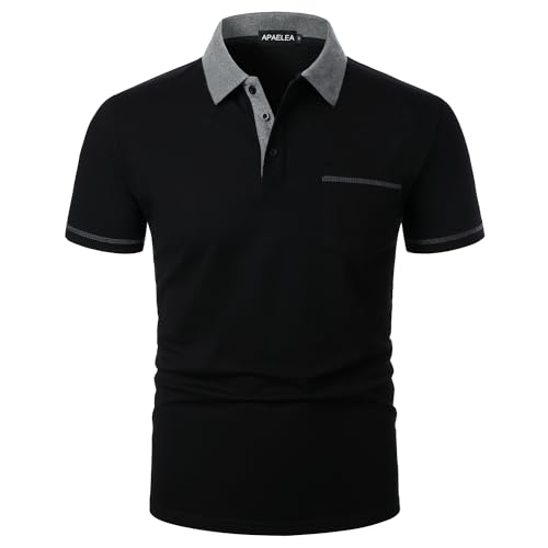 APAELEA Herren Poloshirt Kurzarm Basic Button T-Shirt mit Tasche Schwarz M von APAELEA