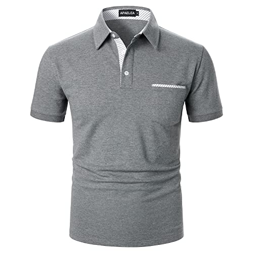 APAELEA Herren Poloshirt Kurzarm Baumwolle Streifen T Shirt Casual Polohemd für Männer,Grau,M von APAELEA