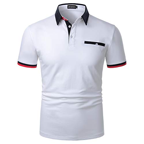 APAELEA Herren Poloshirt Kurzarm Baumwolle Streifen T Shirt Casual Polohemd für Männer,Weiß,XXL von APAELEA