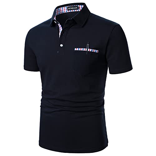 APAELEA Herren Poloshirt Kurzarm Einfarbig Freizeit Plaid Spleißen Golf T-Shirt,Blau mit Tasche,XL von APAELEA