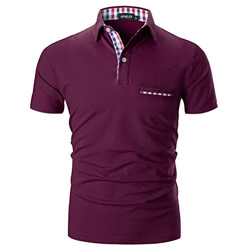 APAELEA Herren Poloshirt Kurzarm Einfarbig Freizeit Plaid Spleißen Golf T-Shirt,Rot,M von APAELEA