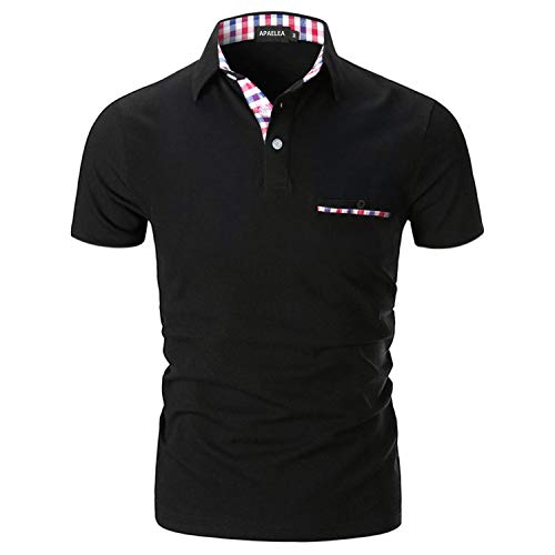 APAELEA Herren Poloshirt Kurzarm Einfarbig Freizeit Plaid Spleißen Golf T-Shirt,Schwarz,M von APAELEA