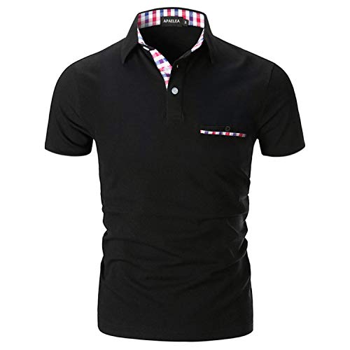 APAELEA Poloshirt Herren Kurzarm Einfarbig Freizeit Plaid Spleißen Golf T-Shirt,A-Schwarz,XXL von APAELEA