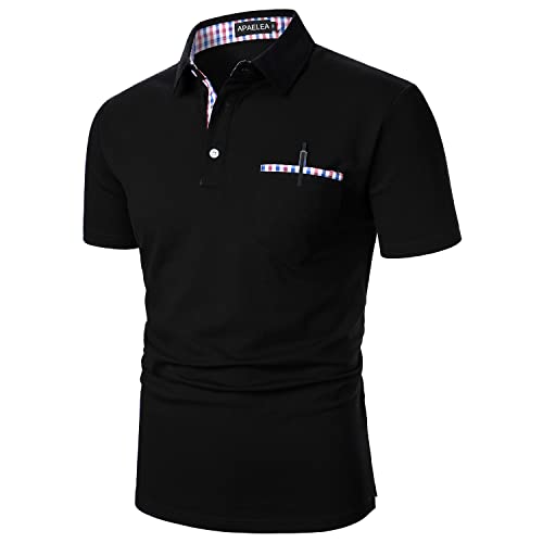 APAELEA Herren Poloshirt Kurzarm Einfarbig Freizeit Plaid Spleißen Golf T-Shirt,Schwarz mit Tasche,L von APAELEA