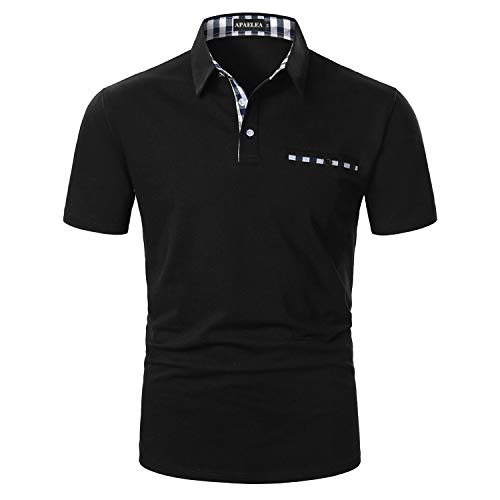 APAELEA Poloshirt Herren Kurzarm Freizeit Polohemd Golf Tops with Gefälschte Brusttasche Dekoration,Schwarz,XL von APAELEA