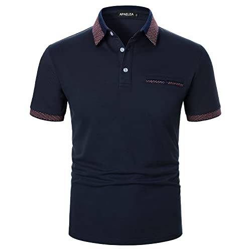 APAELEA Herren Poloshirt Kurzarm Freizeit Polo Kragen Plaid Spleißen Polohemd für Golf Tennis,Marine,L von APAELEA