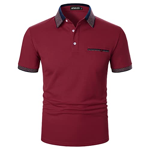 APAELEA Herren Poloshirt Kurzarm Freizeit Polo Kragen Plaid Spleißen Polohemd für Golf Tennis,Weinrot,XXL von APAELEA