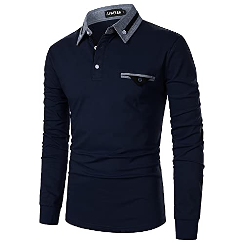 APAELEA Poloshirt Herren Langarm Streifen T-Shirt Baumwolle Casual Polohemd für Männer,Navy Blau,L von APAELEA