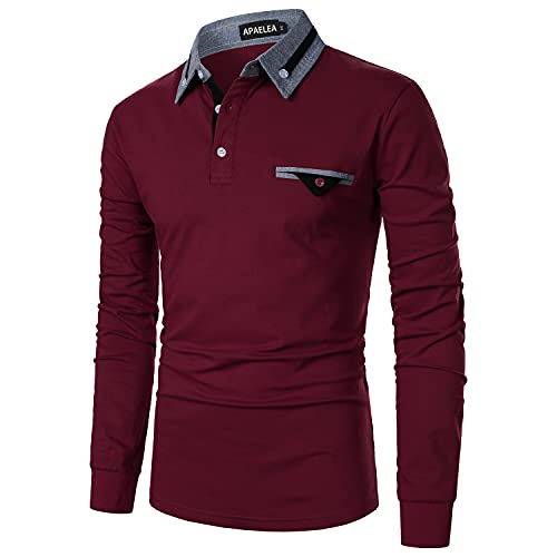 APAELEA Poloshirt Herren Langarm Streifen T-Shirt Baumwolle Casual Polohemd für Männer,Weinrot,XXL von APAELEA