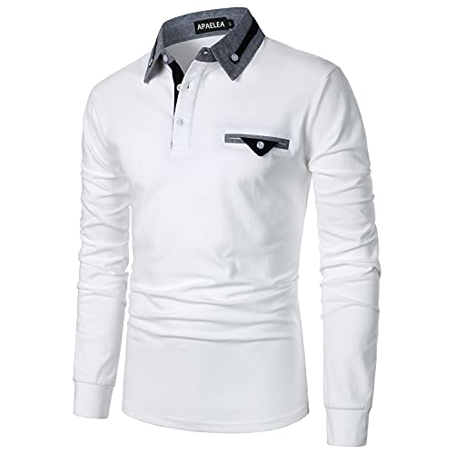 APAELEA Poloshirt Herren Langarm Streifen T-Shirt Baumwolle Casual Polohemd für Männer,Weiß,L von APAELEA