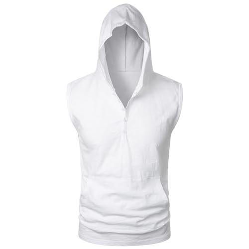APAELEA Herren Tank Tops Hoodie Ärmellos Gym Workout Sweatshirt Sommer Kapuze Muskel T-Shirts,Weiß,X-Large von APAELEA