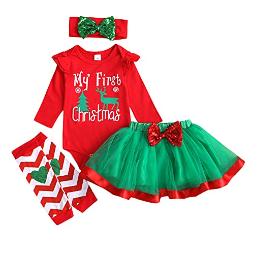 APAELEA Mein 1. Weihnachten Outfit Baby Mädchen Langarm Strampler + Rock + Beinwärmer + Schleife,6-9 Monate,Grün von APAELEA