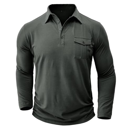 APAELEA Polohemd Herren Langarm Polo Shirt mit Tasche Reinfarbige,Grau,XXL von APAELEA