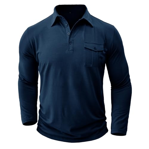 APAELEA Polohemd Herren Langarm Polo Shirt mit Tasche Reinfarbige,Marineblau,L von APAELEA
