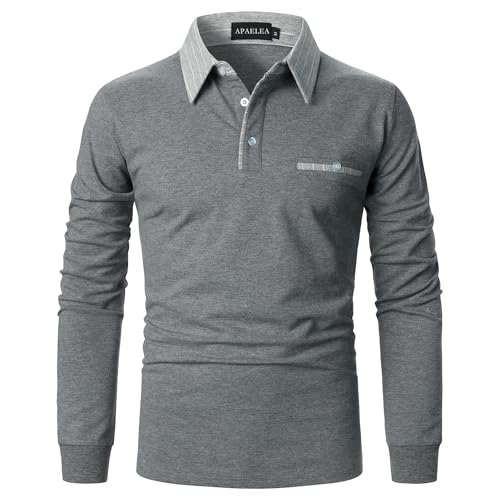 APAELEA Poloshirt Herren Baumwolle Langarm Gestreifte Revers Golf Shirts Männer Hemden Tops,Grau,S von APAELEA