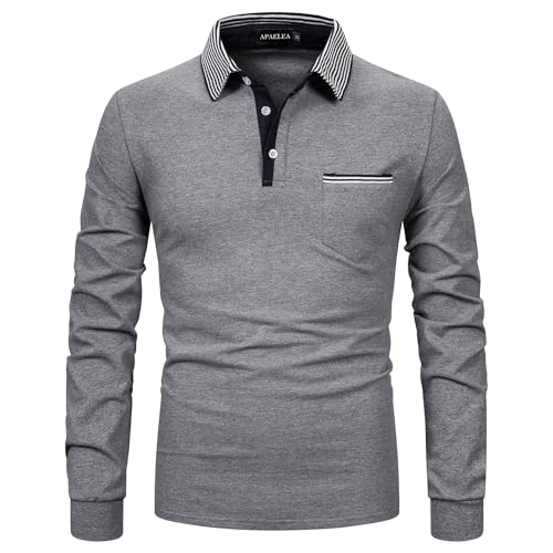 APAELEA Poloshirt Herren Baumwolle Langarm Gestreifte Revers Golf Shirts Männer Hemden Tops,Grau1,L von APAELEA