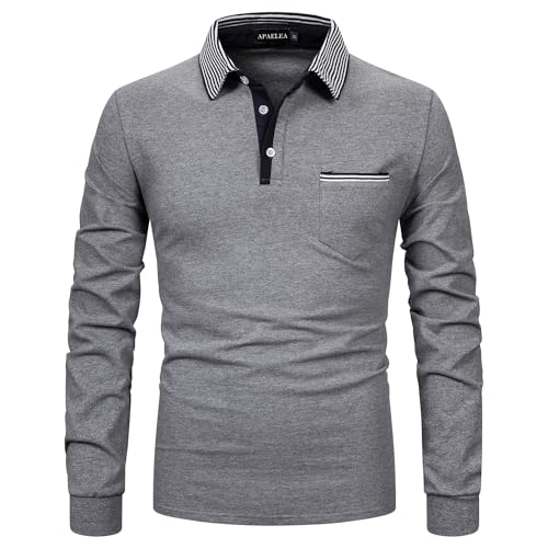 APAELEA Poloshirt Herren Baumwolle Langarm Gestreifte Revers Golf Shirts Männer Hemden Tops,Grau1,XL von APAELEA