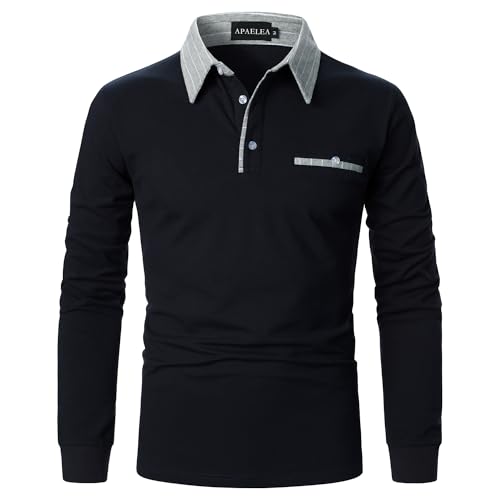 APAELEA Poloshirt Herren Baumwolle Langarm Gestreifte Revers Golf Shirts Männer Hemden Tops,Marine,L von APAELEA