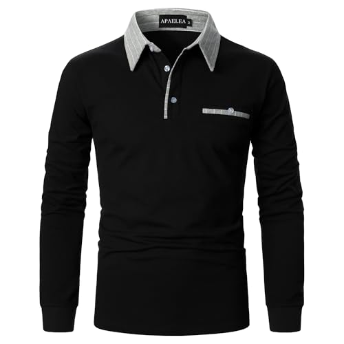 APAELEA Poloshirt Herren Baumwolle Langarm Gestreifte Revers Golf Shirts Männer Hemden Tops,Schwarz,L von APAELEA