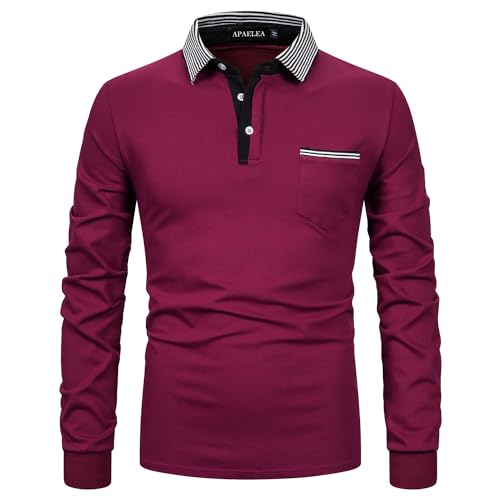 APAELEA Poloshirt Herren Baumwolle Langarm Gestreifte Revers Golf Shirts Männer Hemden Tops,Weinrot,3XL von APAELEA