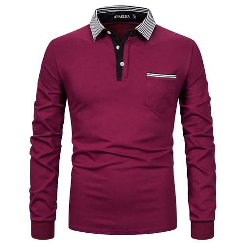 APAELEA Poloshirt Herren Baumwolle Langarm Gestreifte Revers Golf Shirts Männer Hemden Tops,Weinrot,XL von APAELEA