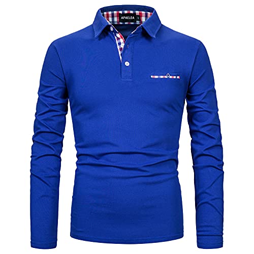 APAELEA Poloshirt Herren Baumwolle Langarm Golf T-Shirt mit Klassische Karierte Knopfleiste,Blau,3XL von APAELEA