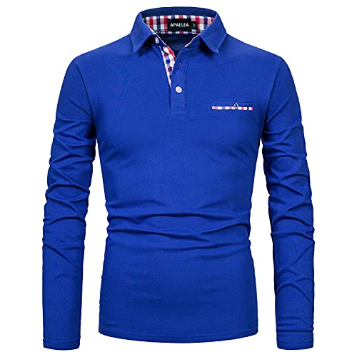 APAELEA Poloshirt Herren Baumwolle Langarm Golf T-Shirt mit Klassische Karierte Knopfleiste,Blau,M von APAELEA