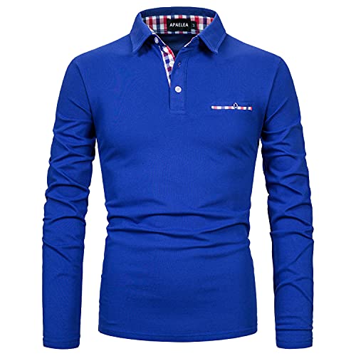 APAELEA Poloshirt Herren Baumwolle Langarm Golf T-Shirt mit Klassische Karierte Knopfleiste,Blau,XXL von APAELEA
