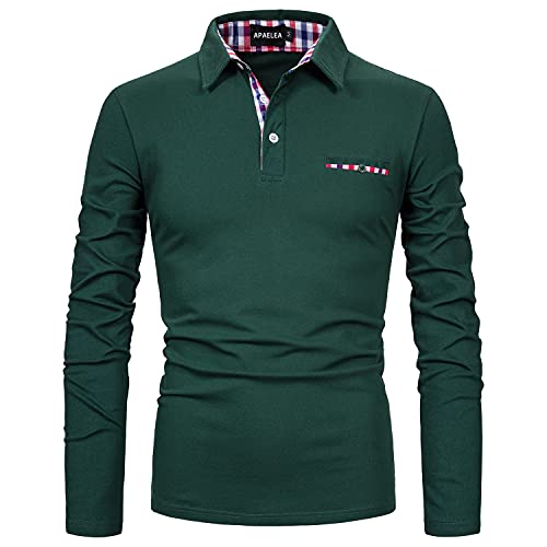 APAELEA Poloshirt Herren Baumwolle Langarm Golf T-Shirt mit Klassische Karierte Knopfleiste,Grün,3XL von APAELEA