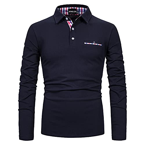 APAELEA Poloshirt Herren Baumwolle Langarm Golf T-Shirt mit Klassische Karierte Knopfleiste,Marine,M von APAELEA
