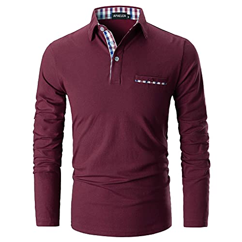 APAELEA Poloshirt Herren Baumwolle Langarm Golf T-Shirt mit Klassische Karierte Knopfleiste,Rot,L von APAELEA