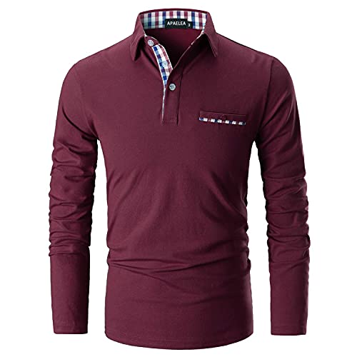 APAELEA Poloshirt Herren Baumwolle Langarm Golf T-Shirt mit Klassische Karierte Knopfleiste,Rot,M von APAELEA